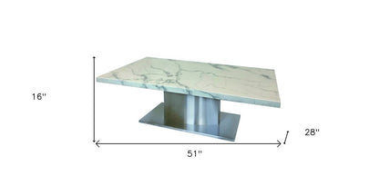 51" White And Silver Genuine Marble And Stainless Steel Pedestal Coffee Table HomeRoots