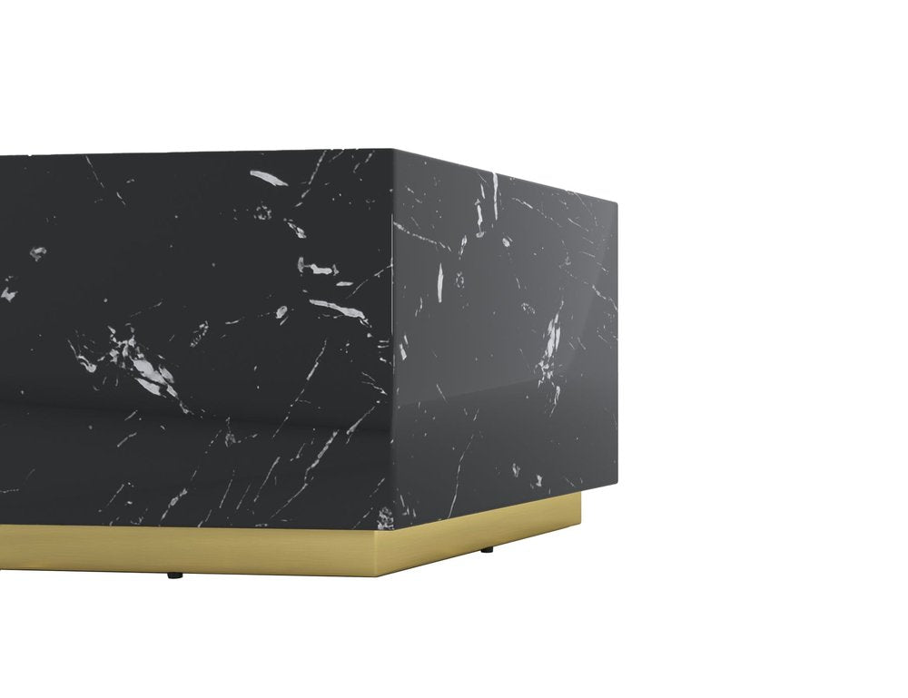 35" Black And Gold Faux Marble Hexagon Drum Coffee Table HomeRoots