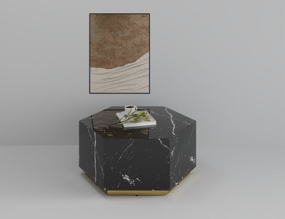 35" Black And Gold Faux Marble Hexagon Drum Coffee Table HomeRoots