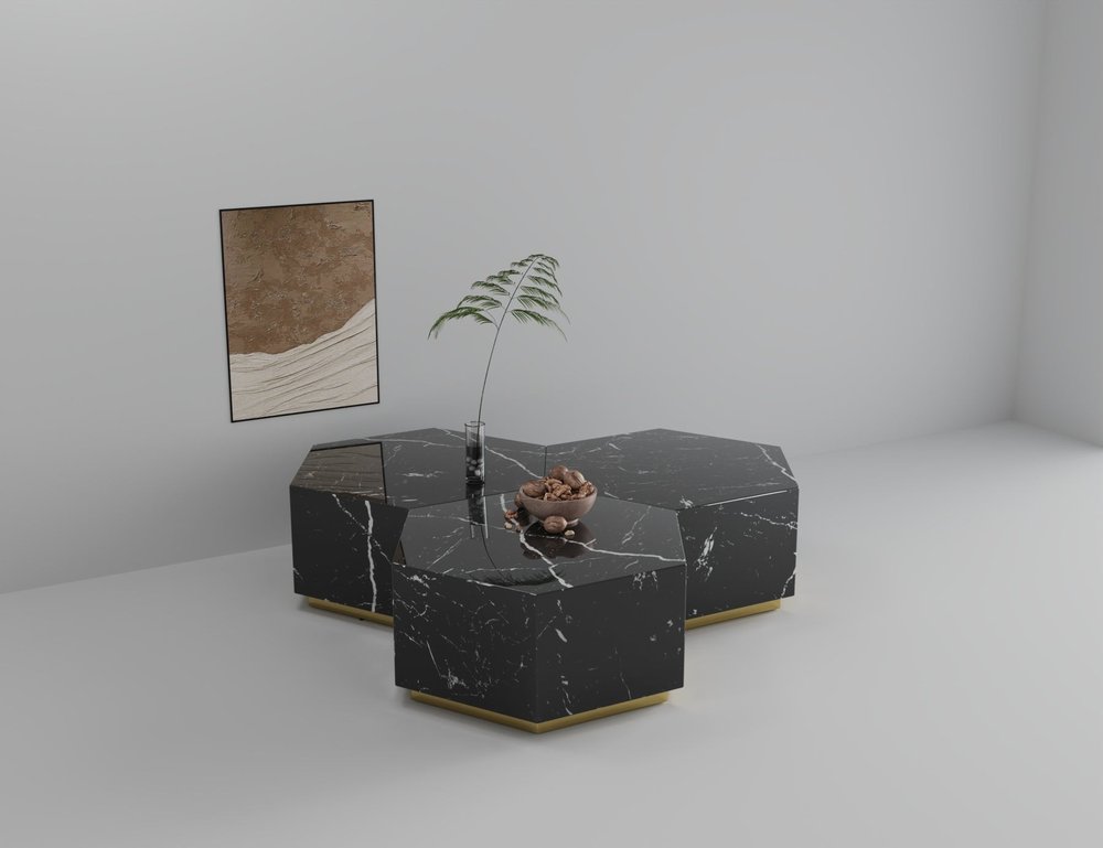 35" Black And Gold Faux Marble Hexagon Drum Coffee Table HomeRoots