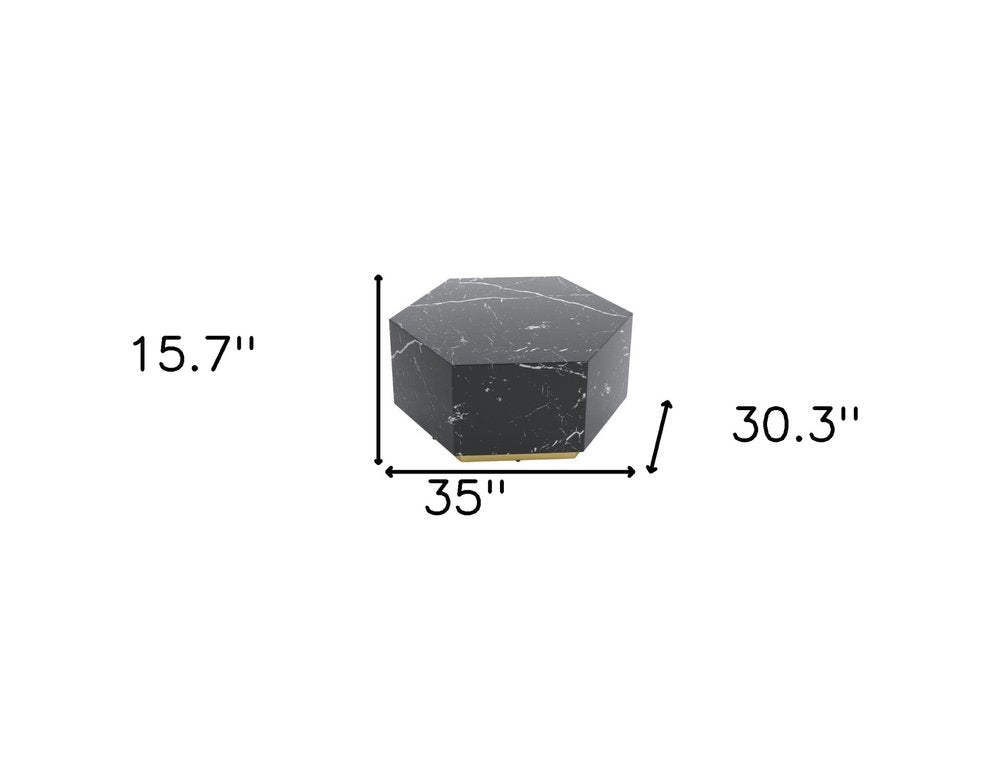 35" Black And Gold Faux Marble Hexagon Drum Coffee Table HomeRoots