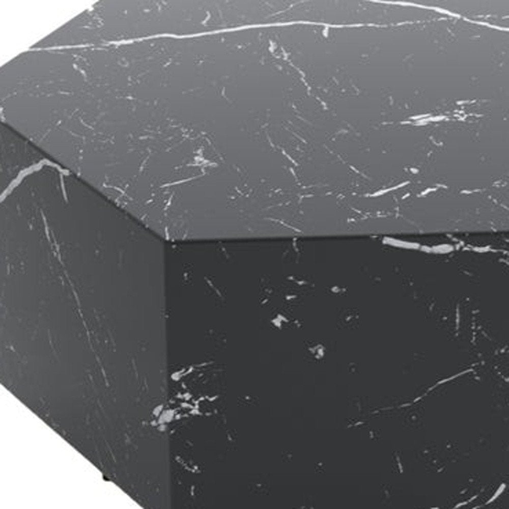 35" Black And Gold Faux Marble Hexagon Drum Coffee Table HomeRoots