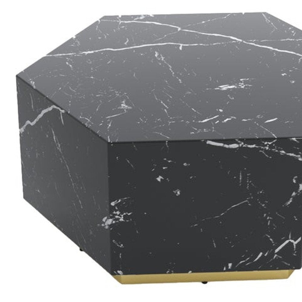 35" Black And Gold Faux Marble Hexagon Drum Coffee Table HomeRoots