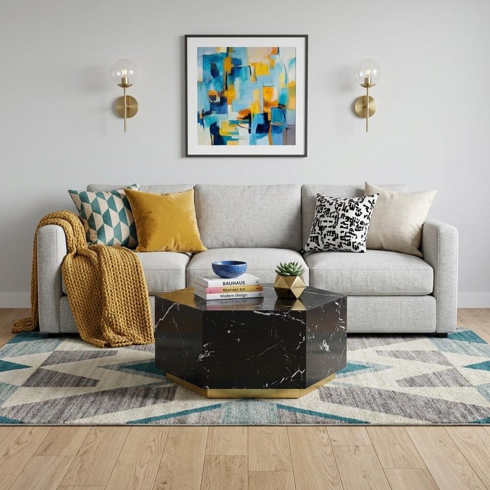 35" Black And Gold Faux Marble Hexagon Drum Coffee Table HomeRoots