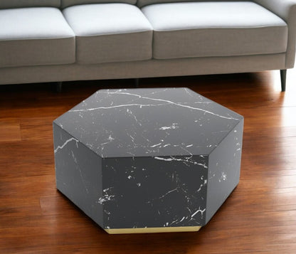 35" Black And Gold Faux Marble Hexagon Drum Coffee Table HomeRoots