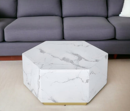 35" White And Gold Faux Marble Hexagon Drum Coffee Table HomeRoots