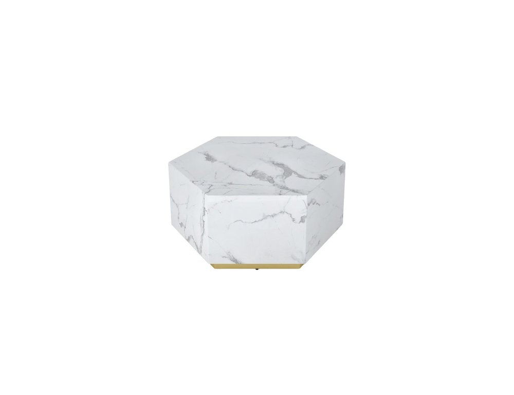 35" White And Gold Faux Marble Hexagon Drum Coffee Table HomeRoots