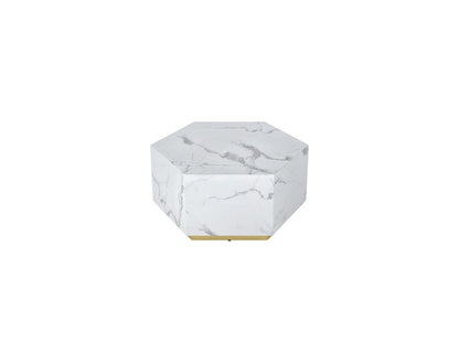 35" White And Gold Faux Marble Hexagon Drum Coffee Table HomeRoots