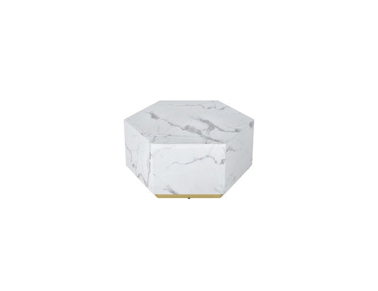 35" White And Gold Faux Marble Hexagon Drum Coffee Table HomeRoots