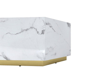 35" White And Gold Faux Marble Hexagon Drum Coffee Table HomeRoots