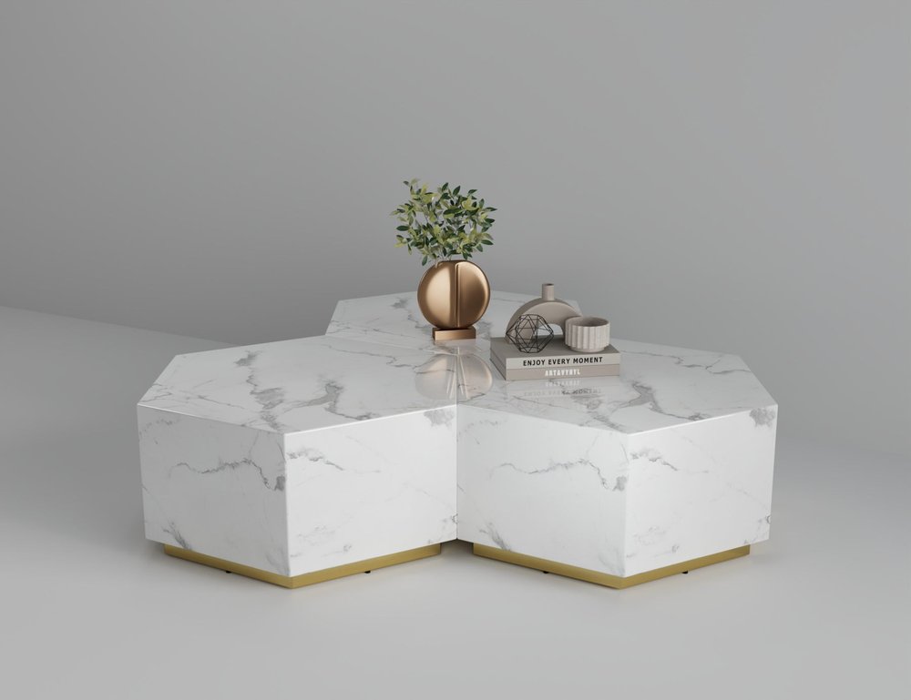 35" White And Gold Faux Marble Hexagon Drum Coffee Table HomeRoots