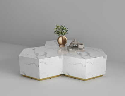 35" White And Gold Faux Marble Hexagon Drum Coffee Table HomeRoots