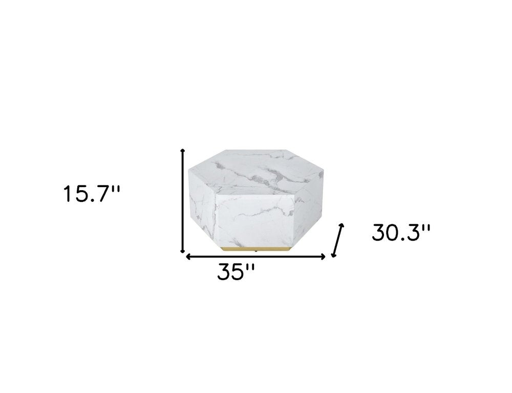35" White And Gold Faux Marble Hexagon Drum Coffee Table HomeRoots