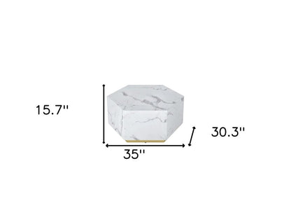 35" White And Gold Faux Marble Hexagon Drum Coffee Table HomeRoots