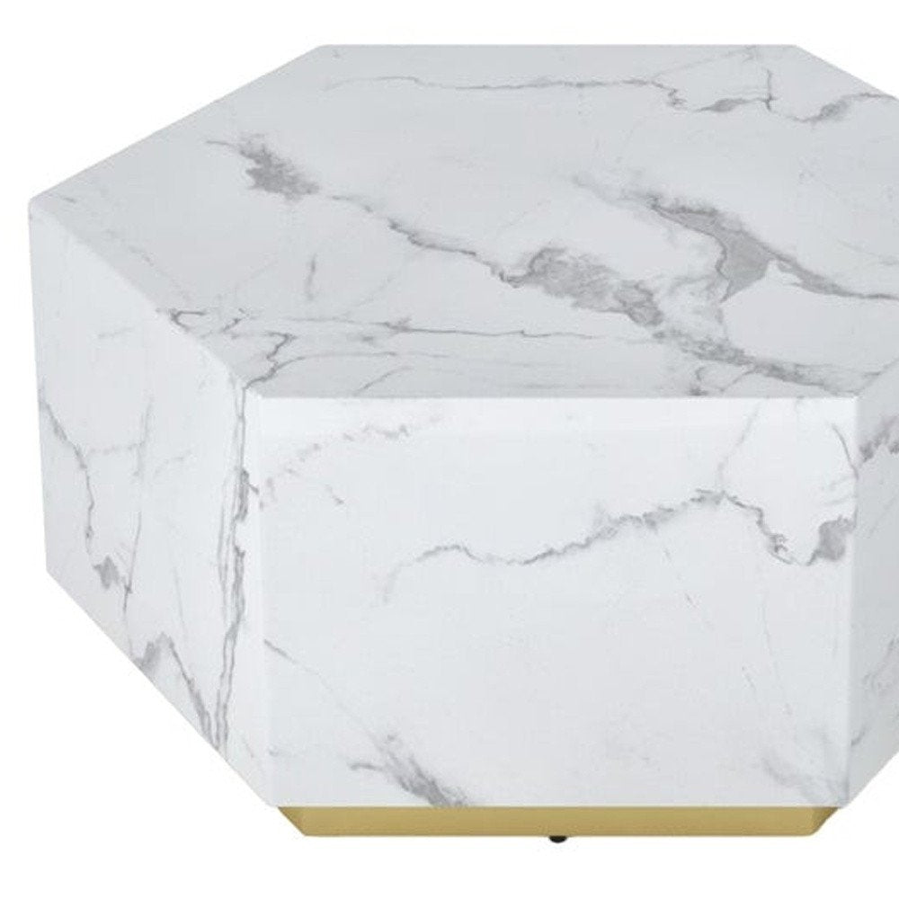 35" White And Gold Faux Marble Hexagon Drum Coffee Table HomeRoots