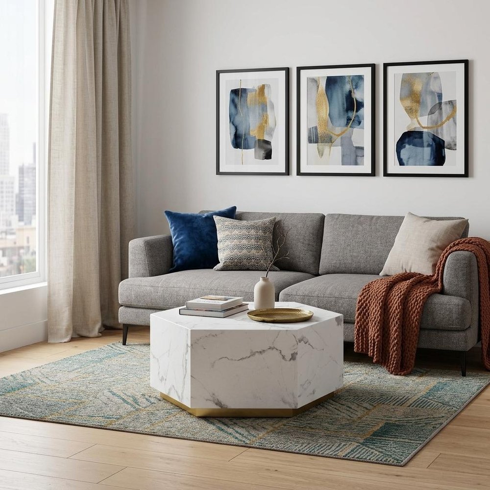 35" White And Gold Faux Marble Hexagon Drum Coffee Table HomeRoots