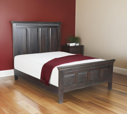 Espresso Carved Geometric Solid Wood Queen Bed Frame