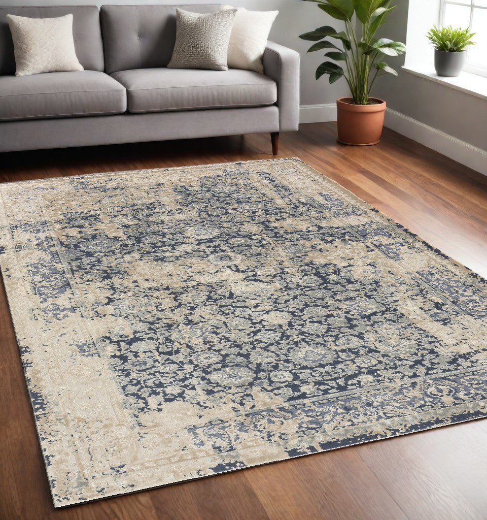 5' X 8' Blue and Ivory Floral Area Rug - 59.0" (H) x 96.0" (W) x 0.26" (D) FurniFindUSA