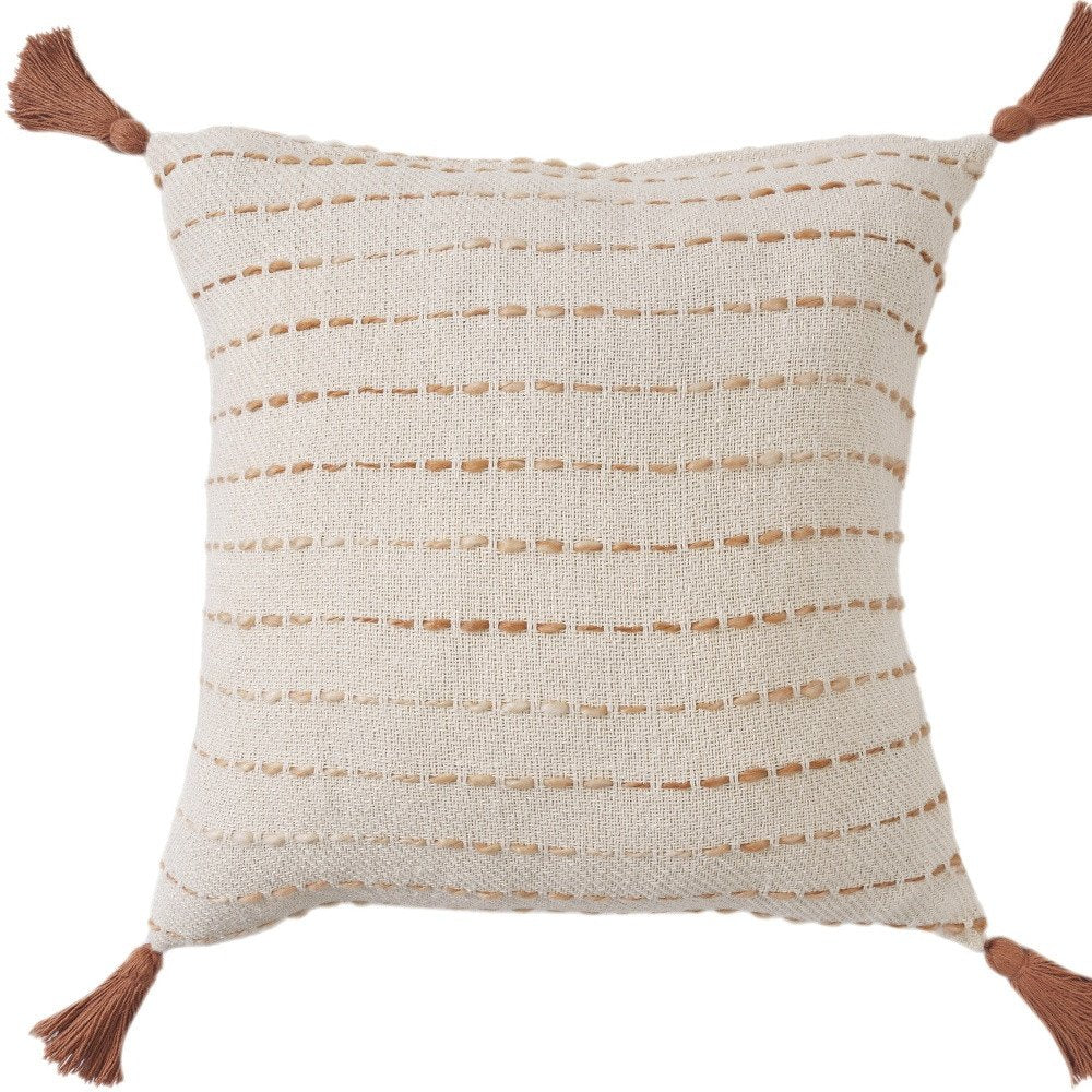 20" White Cotton Pillow With Tassels Edges — view 11