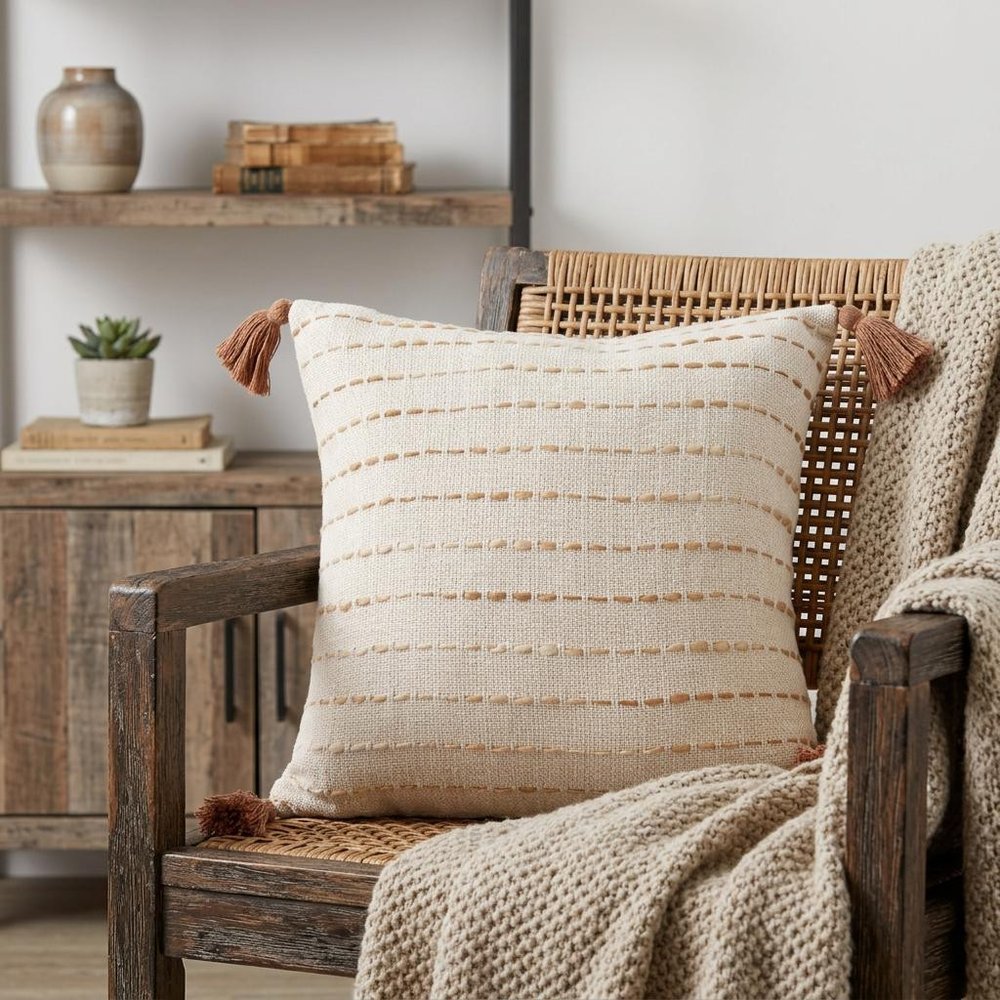 20" White Cotton Pillow With Tassels Edges HomeRoots