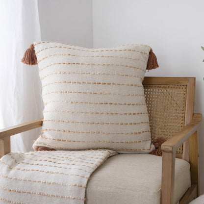 20" White Cotton Pillow With Tassels Edges HomeRoots