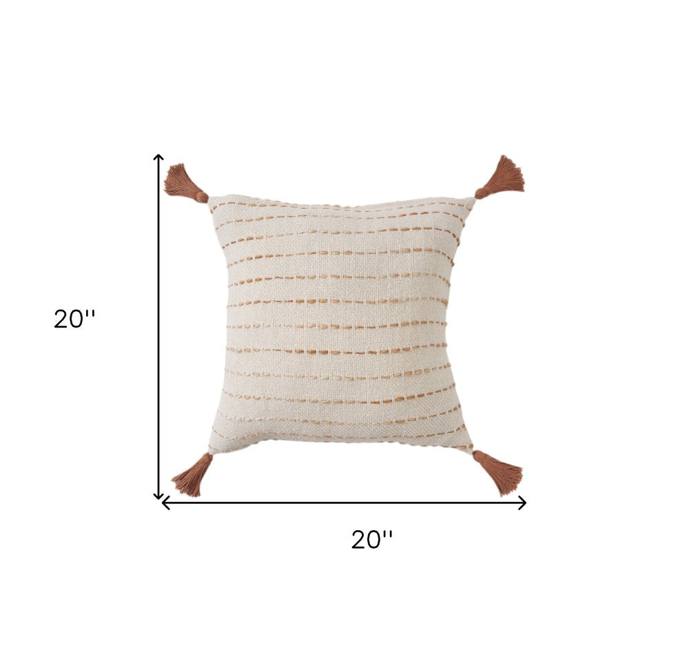 20" White Cotton Pillow With Tassels Edges HomeRoots