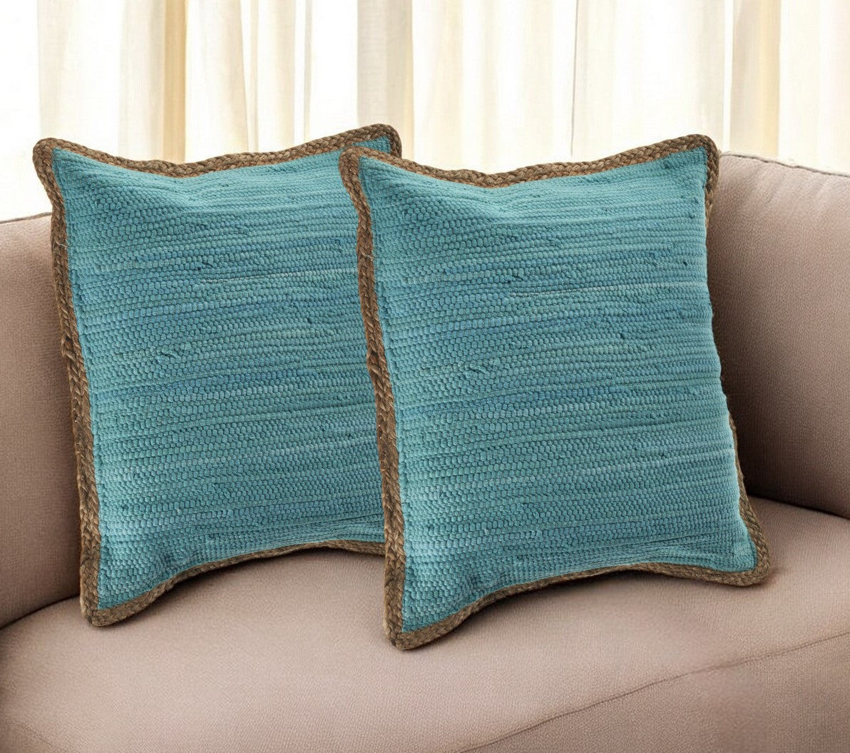 Set of Two Turquoise Cotton Throw Pillow With Ruffle