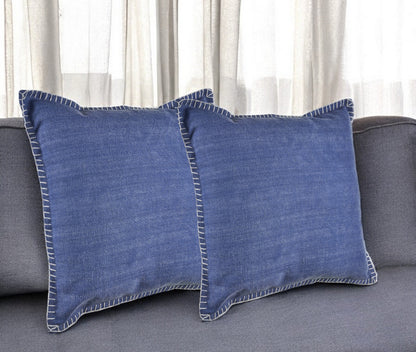 Set of Two Blue Cotton Throw Pillow