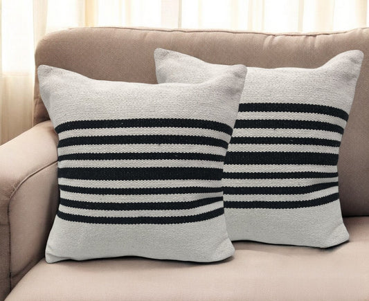 Set of Two Black and White Striped Cotton Throw Pillow