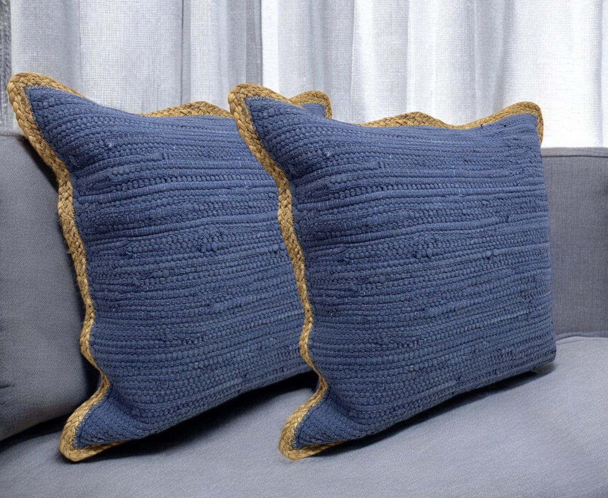 Set of Two Navy Blue Cotton Throw Pillow