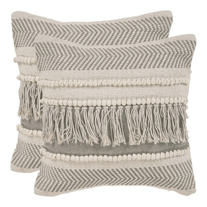 Set of Two Beige Striped Cotton Throw Pillow With Fringe