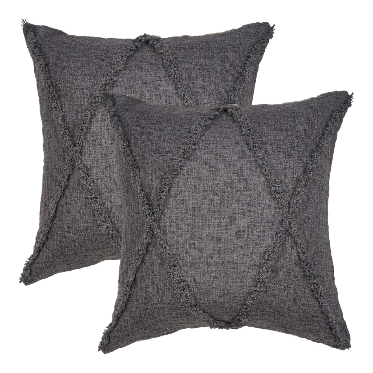 Set of Two Dark Gray Diamond Cotton Throw Pillow With Fringe