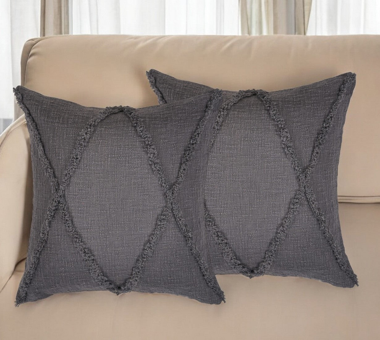 Set of Two Dark Gray Diamond Cotton Throw Pillow With Fringe