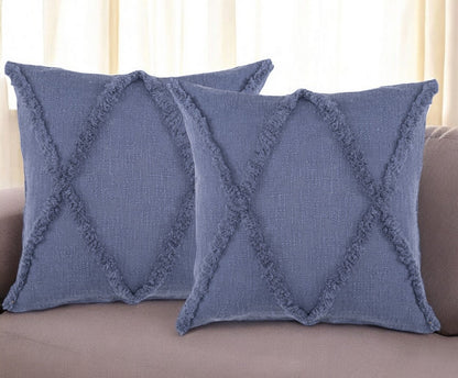 Set of Two Blue Diamond Cotton Throw Pillow With Fringe 4.0" (L) x 18.0" (W) x 18.0" (H)