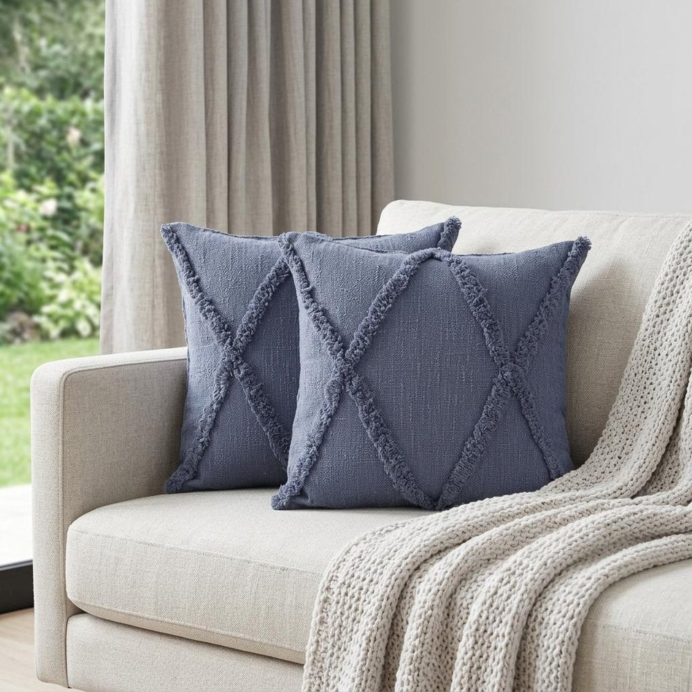 Set of Two Blue Diamond Cotton Throw Pillow With Fringe HomeRoots