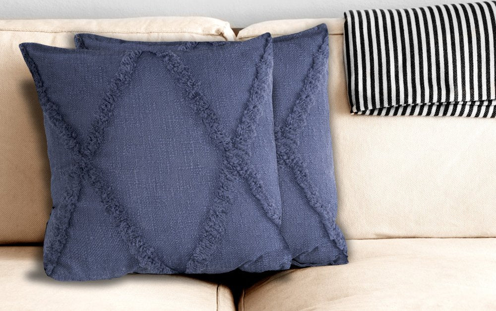 Set of Two Blue Diamond Cotton Throw Pillow With Fringe — view 2