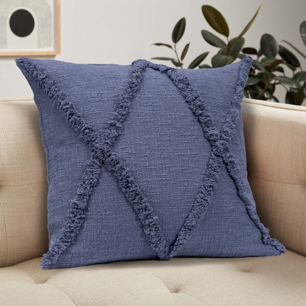 Set of Two Blue Diamond Cotton Throw Pillow With Fringe HomeRoots