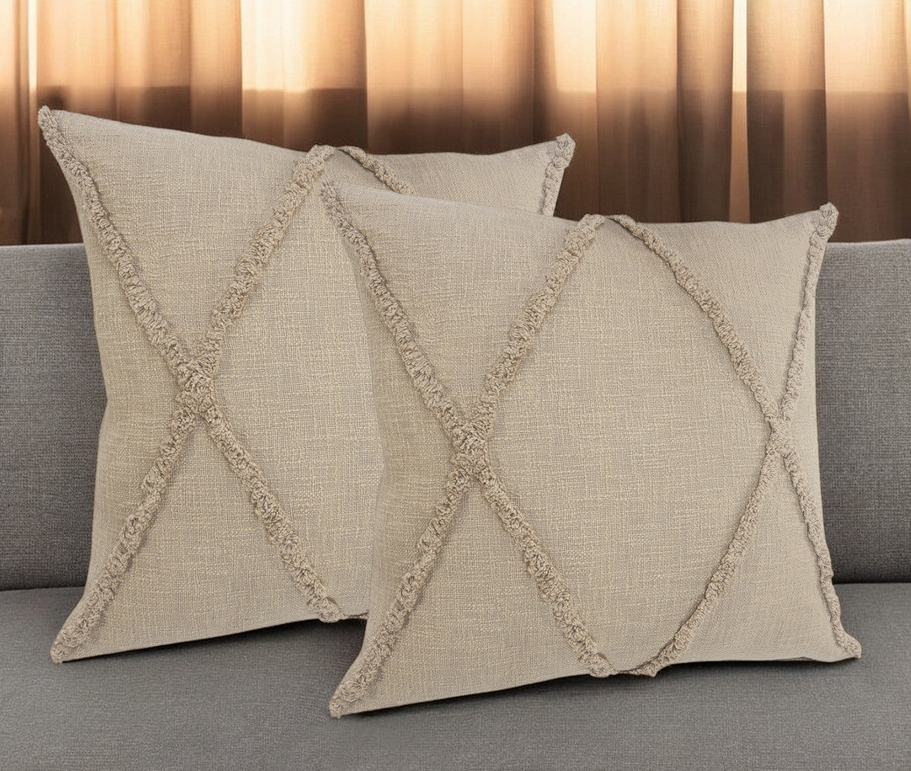 Set of Two Taupe and Brown Diamond Cotton Throw Pillow With Fringe