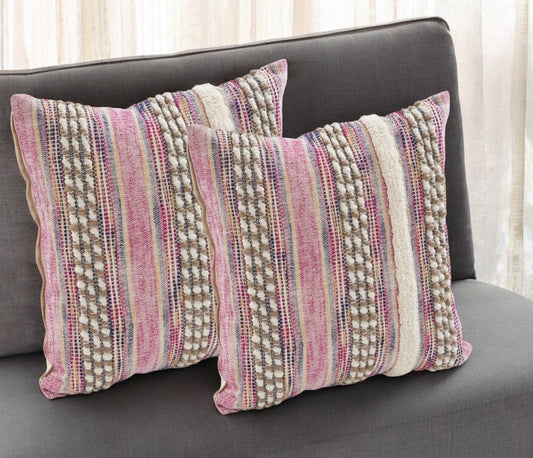 Set of Two Pink Striped Cotton Throw Pillow With Fringe 4.0" (L) x 18.0" (W) x 18.0" (H)