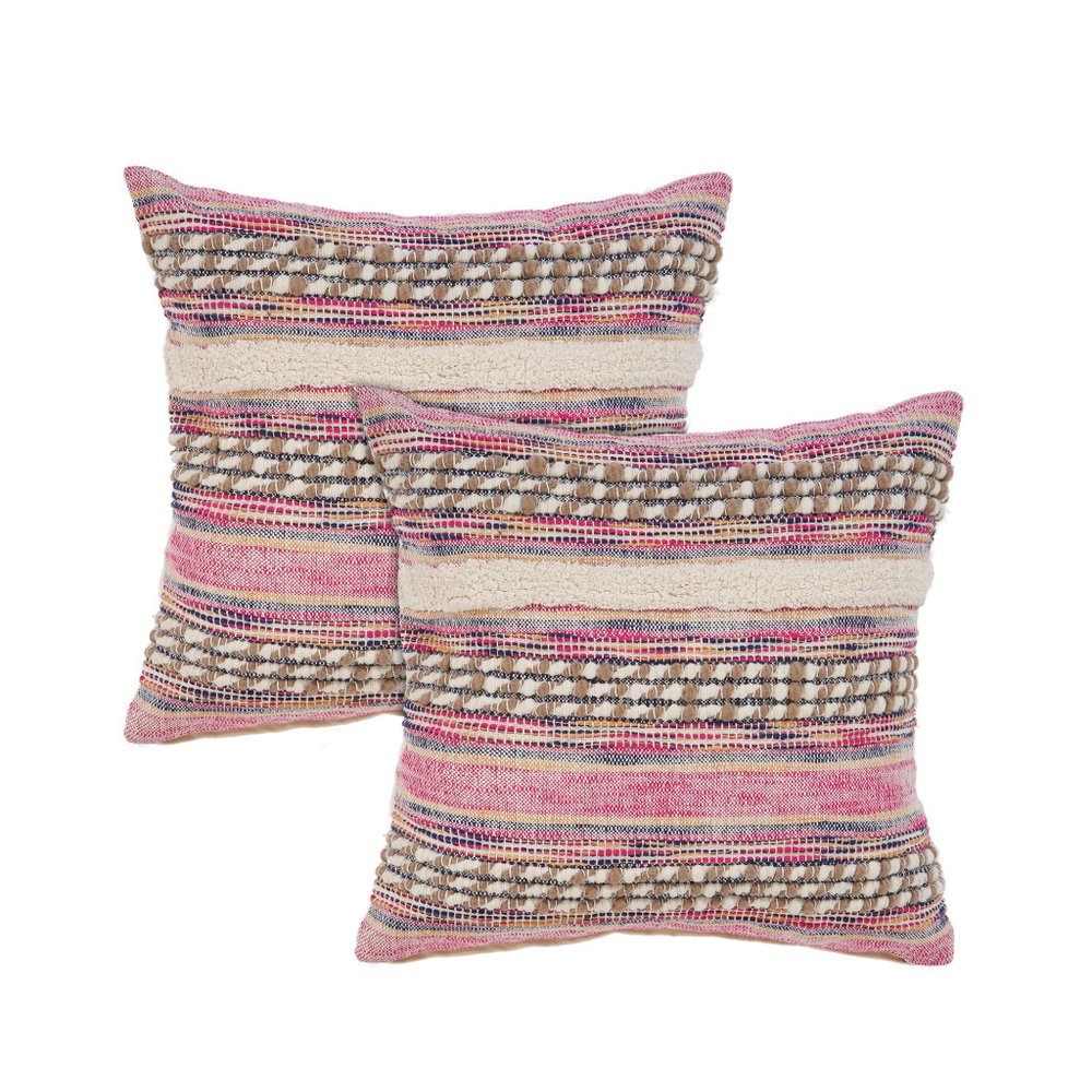 Set of Two Pink Striped Cotton Throw Pillows With Fringe — view 1
