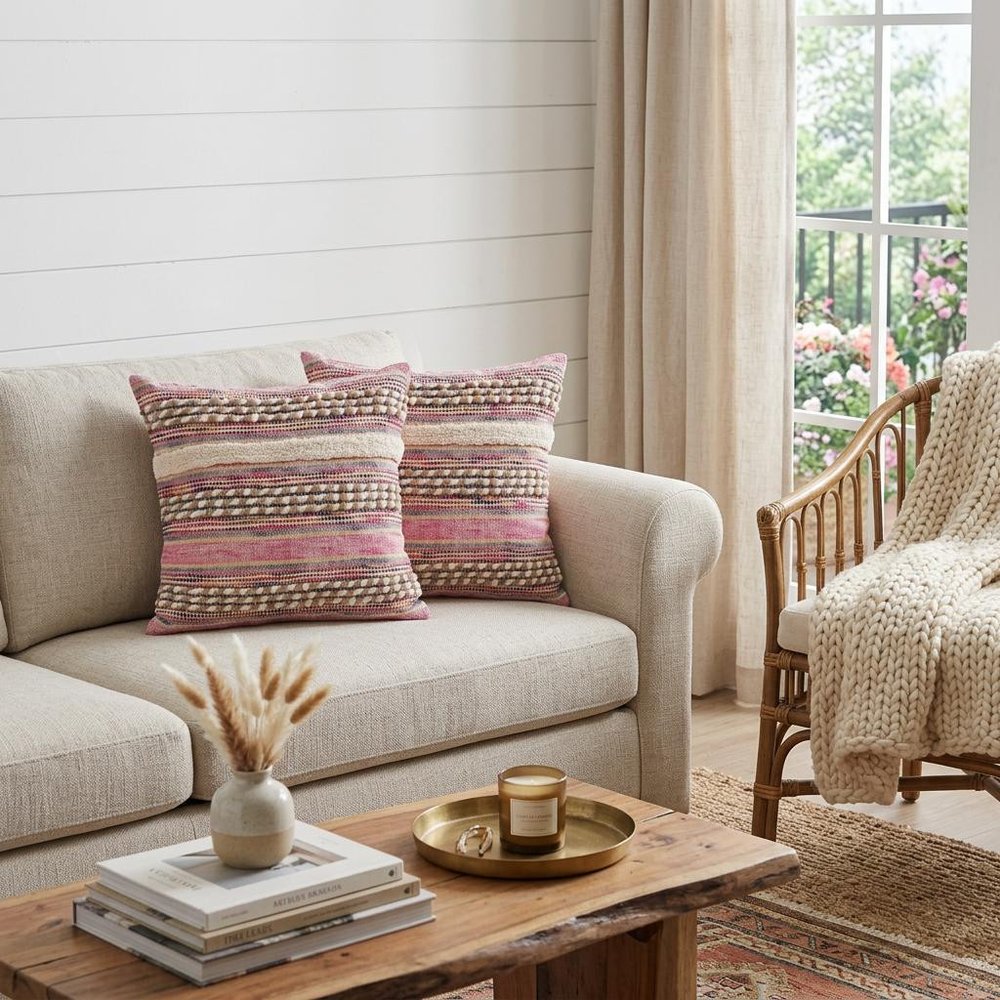 Set of Two Pink Striped Cotton Throw Pillows With Fringe — view 7