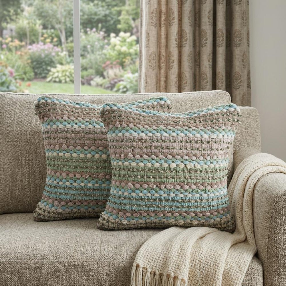 Set of Two 18" Beige Blue and Green Striped Cotton Blend Throw Pillows HomeRoots