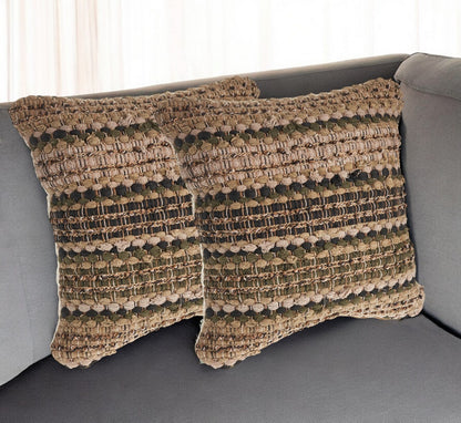 Set of Two Beige and Brown Striped Cotton Throw Pillow