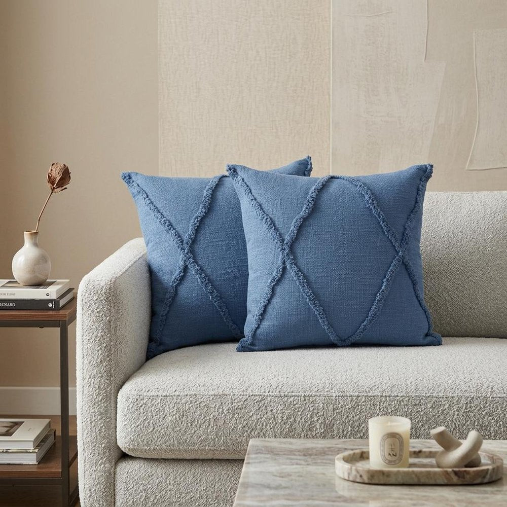Set of Two Blue Diamond Cotton Throw Pillow With Fringe — view 3