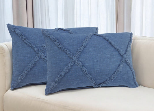 Set of Two 16" X 24" Blue Diamond Cotton Lumbar Throw Pillow With Fringe