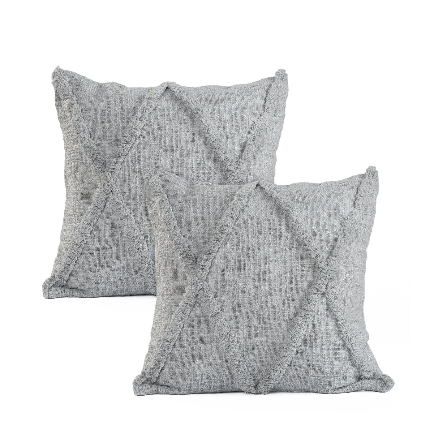 Set of Two Light Gray Diamond Cotton Throw Pillow With Fringe