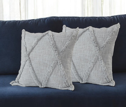 Set of Two Light Gray Diamond Cotton Throw Pillow With Fringe