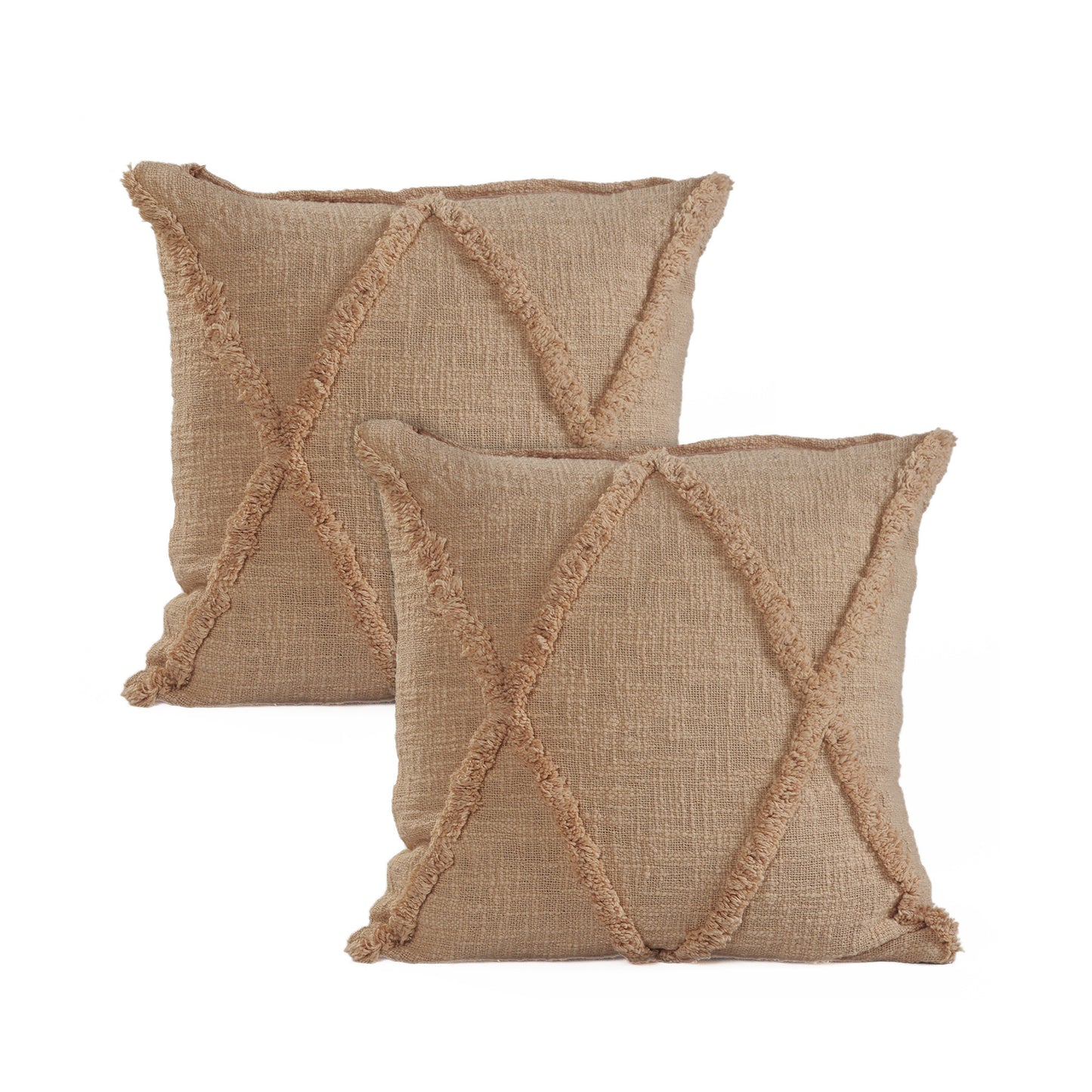 Set of Two Tan Diamond Cotton Throw Pillow With Fringe 4.0" (L) x 18.0" (W) x 18.0" (H)