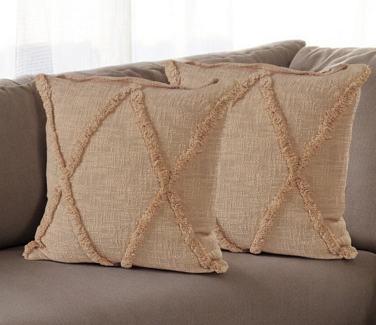 Set of Two Tan Diamond Cotton Throw Pillow With Fringe 4.0" (L) x 18.0" (W) x 18.0" (H)