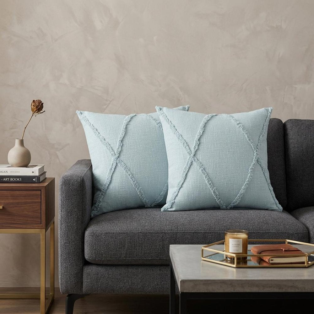 Set of Two Blue Diamond Cotton Throw Pillow With Fringe HomeRoots